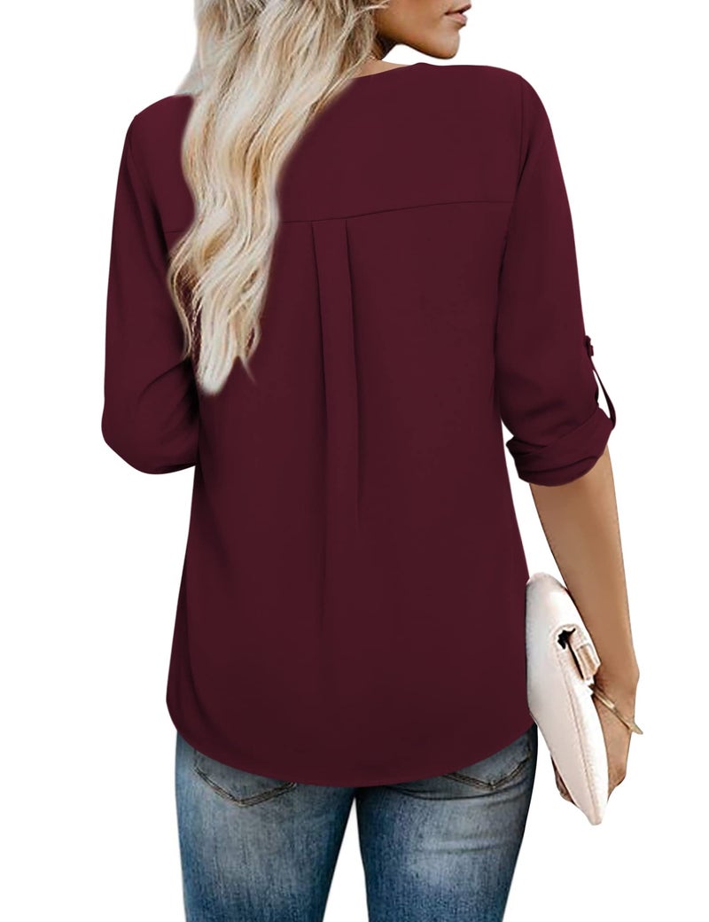 Youtalia Womens Dress Blouses for Work: 3/4 Sleeve Chiffon Tunic Shirts - Ladies Pleated Tops for Leggings - Western Tunic Tops for Office Dark Red S - Image 3